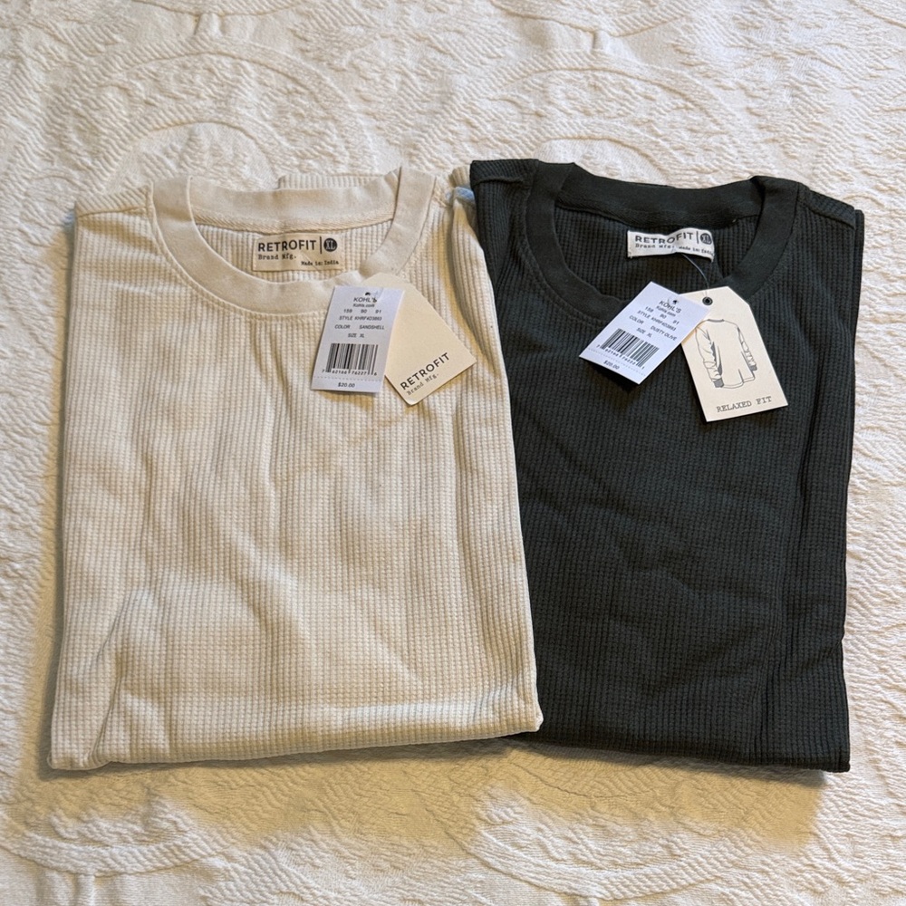 Retrofit Men's Waffle Knit Long Sleeve Tees - Cream and Black